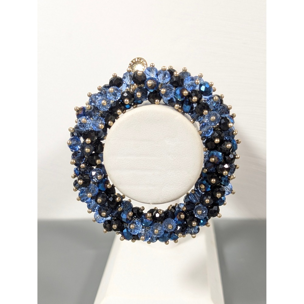 Charter Club Blue Faceted Glass Bead Stretch Cluster Bracelet Gold Tone 6.5"